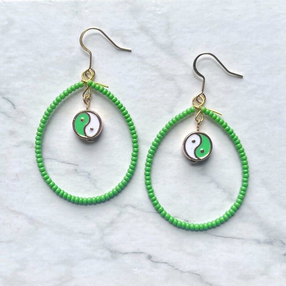 Filled Pastel Green Tear Drop Earrings w/ Hanging Yin and Yang Charm